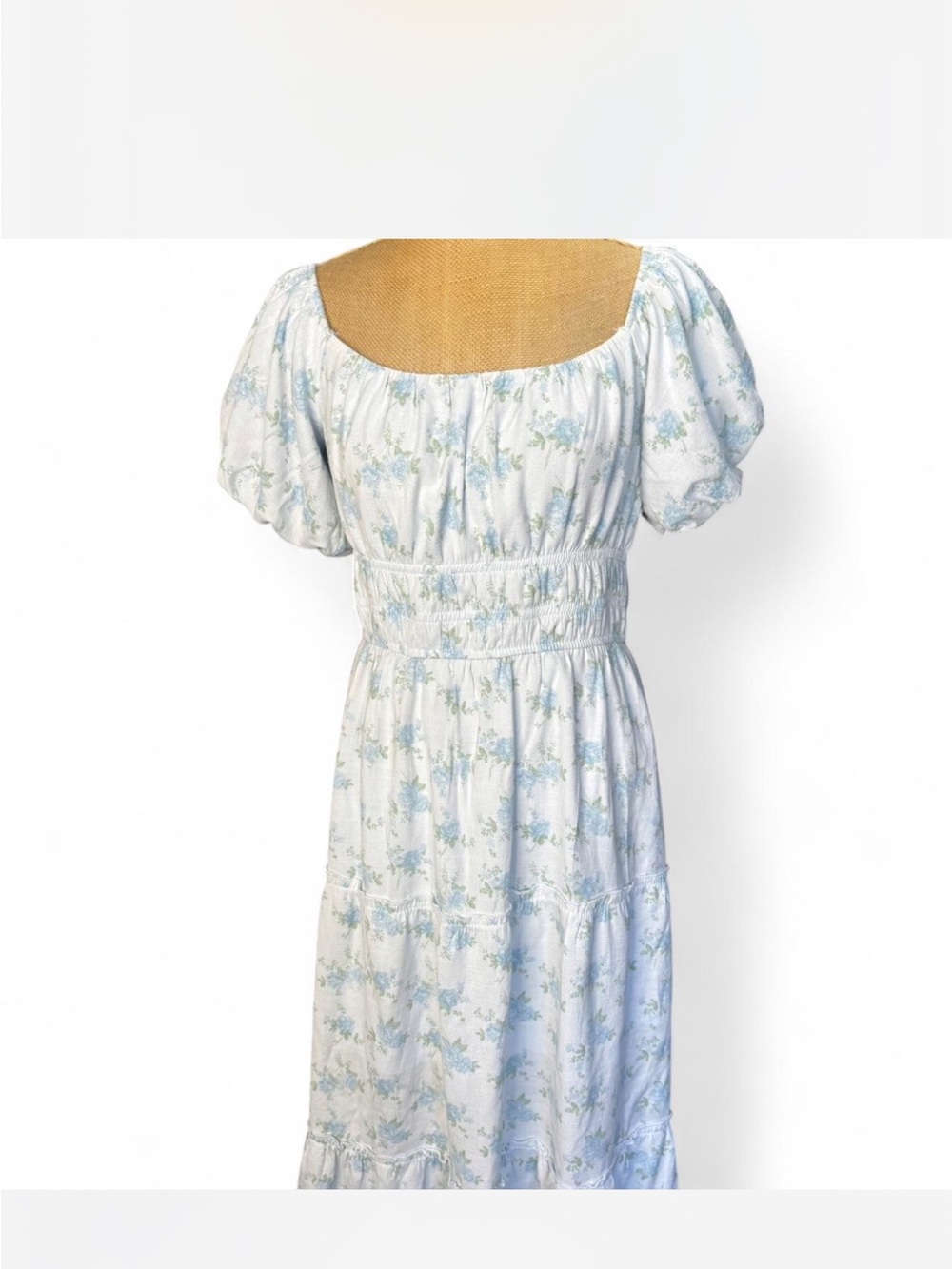 Altar'd State White Midi Dress with Light Blue Floral Print